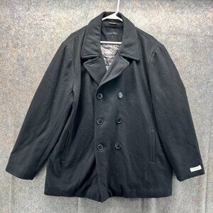 Calvin Klein Pea Coat Men Large Black Wool Polyester Lined Jacket Heavy Winter
